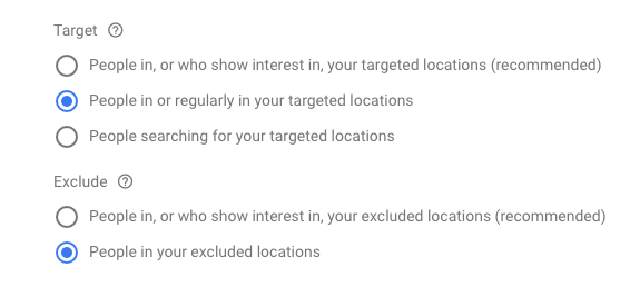 Screenshot of targeting options in Google Ads.
